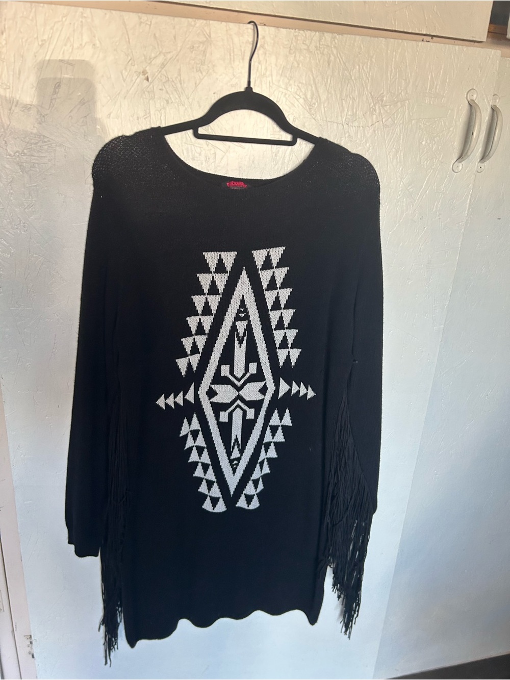 Black Aztec Fringe Knit Pullover Sweater - Women